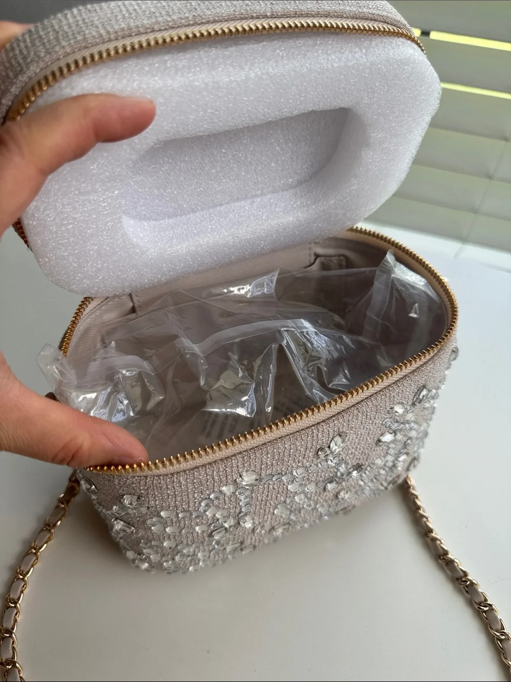 Embellished Taupe Top-Handle Cosmetic Bag/Crossbody